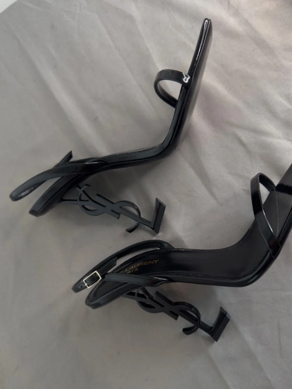Saint Laurent Black Patent Monogram-Heel Slingback Sandals - Picture 10 of 10